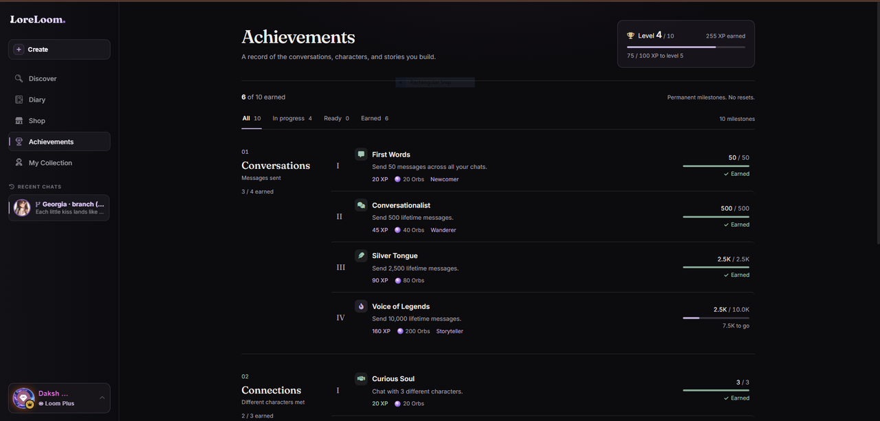 The Achievements page showing Level 4 of 10 with an XP bar, '6 of 10 earned', and milestone cards like First Words, Conversationalist, Silver Tongue and Voice of Legends with XP and Orb rewards.