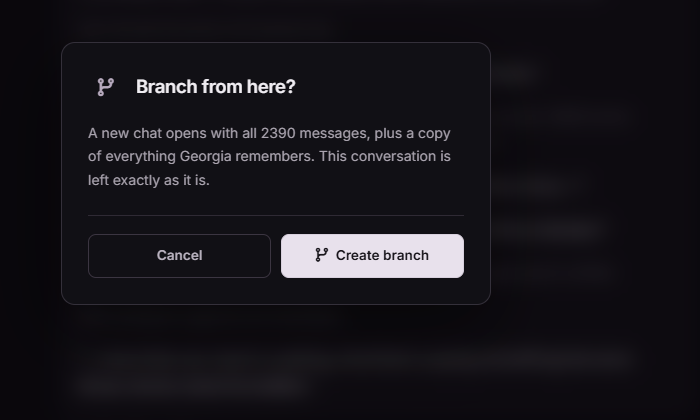 The 'Branch from here?' dialog explaining a new chat opens with all messages plus a copy of everything the character remembers, leaving the current chat as it is.