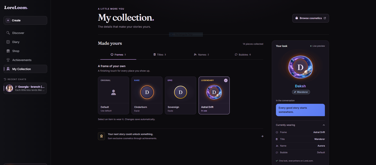 The My Collection page showing Frames, Titles, Names and Bubbles tabs, frame cards (Default, Cinderborn, Sovereign, Astral Drift) by rarity, and a 'Your look' live preview on the right.