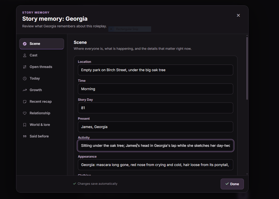 The Story Memory panel for a character, with tabs Scene, Cast, Open threads, Today, Growth, Recent recap, Relationship, World & lore, Said before; the Scene tab shows Location, Time, Story Day, Present and Activity fields.