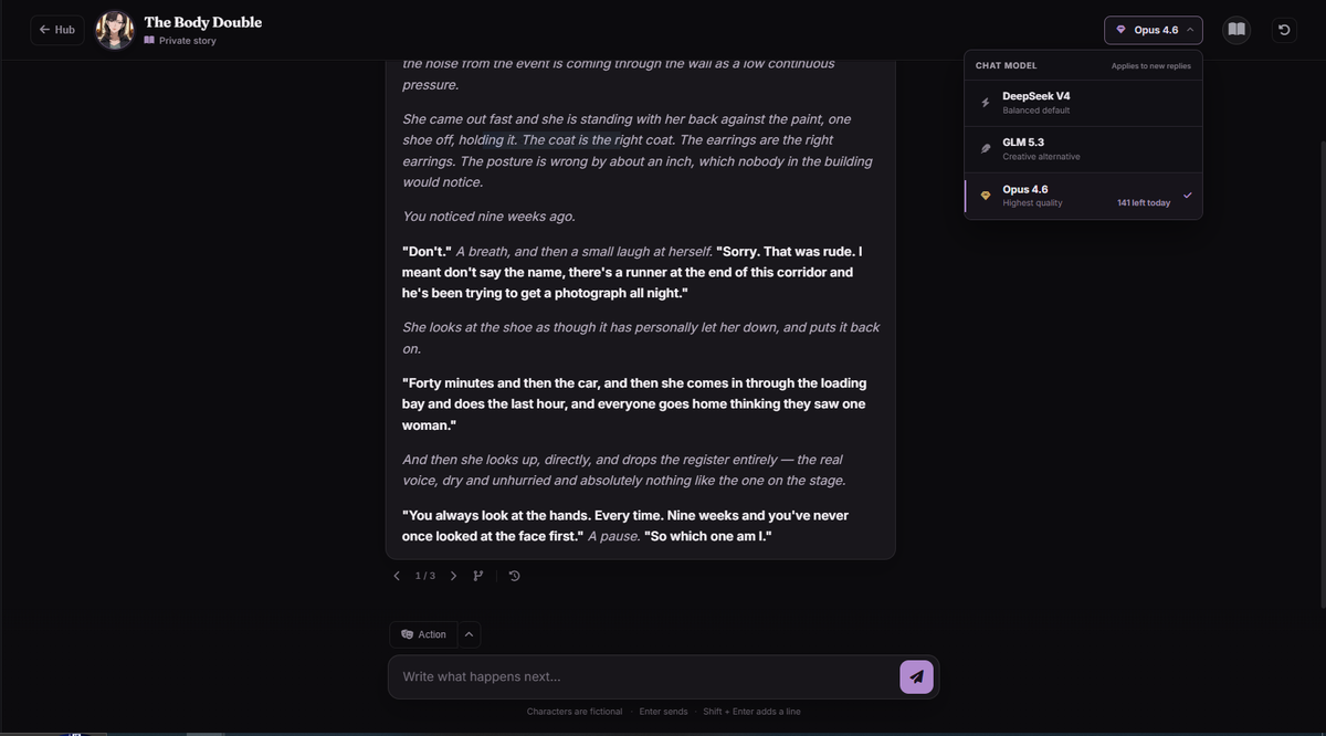 The chat model menu open in the top-right, showing DeepSeek V4, GLM 5.3 and Opus 4.6 with '141 left today' next to Opus.