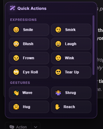 The Quick Actions menu open, grouped into Expressions (Smile, Smirk, Blush, Laugh, Frown, Wink, Eye Roll, Tear Up) and Gestures (Wave, Shrug, Hug, Reach).