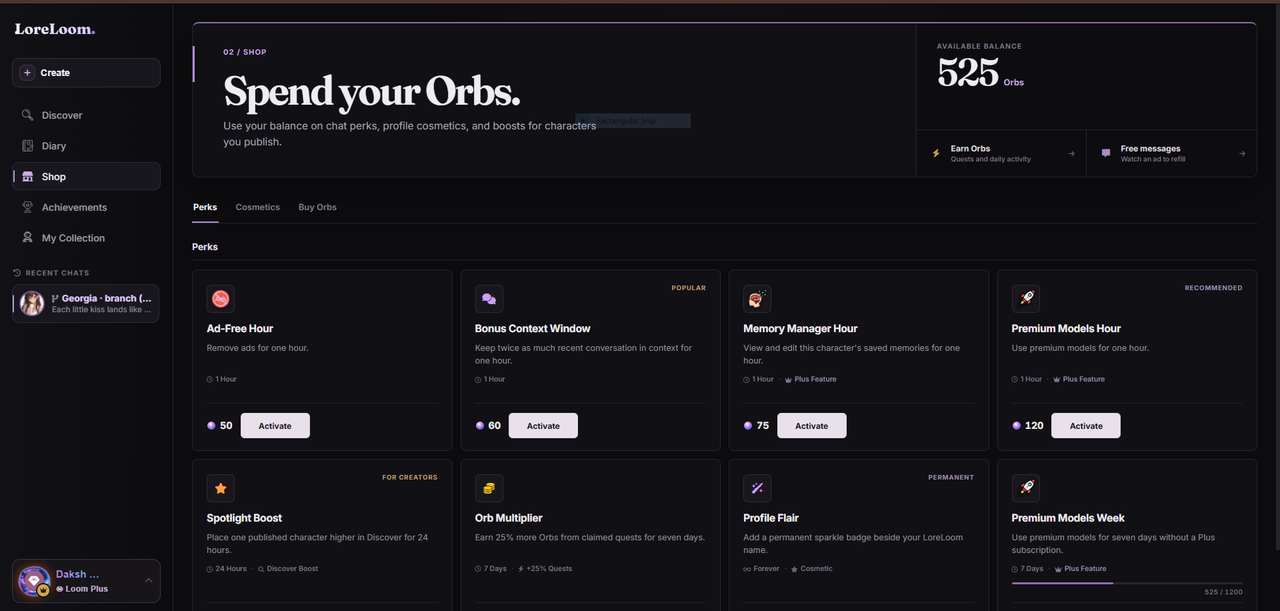 The Shop page, 'Spend your Orbs', showing an available balance of 525 Orbs and perk cards: Ad-Free Hour (50), Bonus Context Window (60), Memory Manager Hour (75), Premium Models Hour (120), plus Spotlight Boost, Orb Multiplier, Profile Flair and Premium Models Week.